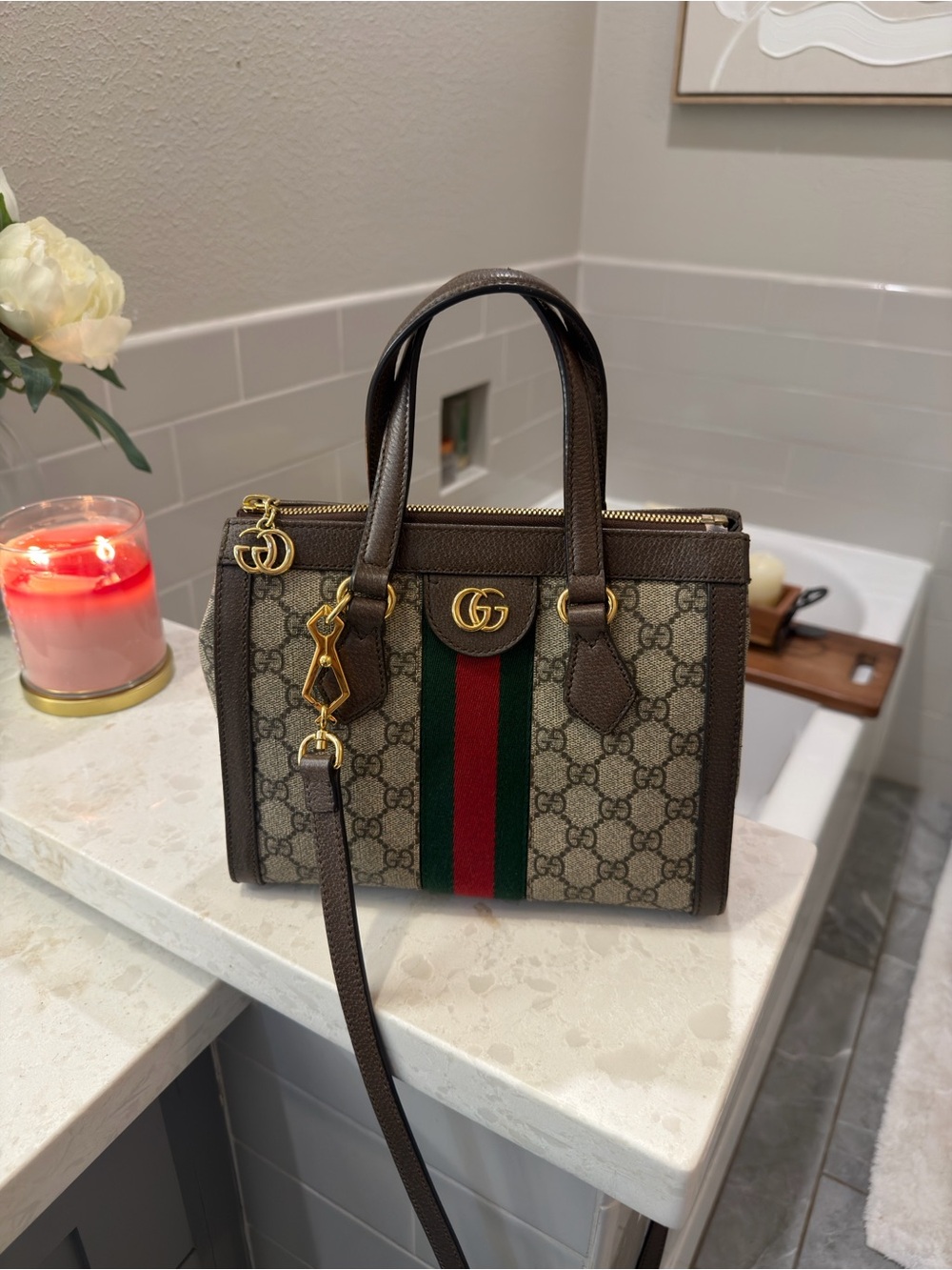 Gucci Beige GG Supreme Canvas Satchel with Brown Trim and Green-Red Stripe